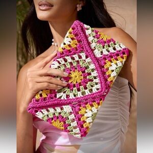 Green, Pink Multicolor Crochet Clutch